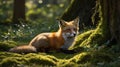 Red Fox Resting on Mossy Ground in a Lush Forest Environment Royalty Free Stock Photo