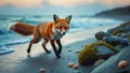 Red Fox Walking on a Sandy Beach at Sunset Royalty Free Stock Photo