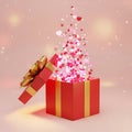 Red gift box with hearts exploding out present gold Royalty Free Stock Photo