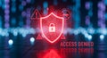 Red glowing shield with a padlock symbol and warning against a dark background with binary code and bokeh lights Royalty Free Stock Photo