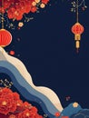 Vibrant Red and Gold Abstract Background with Stylized Clouds, Waves, and Hanging Lanterns for Festive Celebration Royalty Free Stock Photo