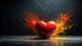 A vibrant red heart emerging from a dynamic explosion of orange and yellow powder on a dark surface. Generative AI Royalty Free Stock Photo