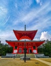 The vibrant red Konpon Daito Pagoda in the Unesco listed Danjo Garan shingon buddhism temple complex in Koyasan, Wakayama, Japan. Royalty Free Stock Photo