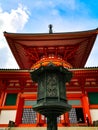 The vibrant red Konpon Daito Pagoda in the Unesco listed Danjo Garan shingon buddhism temple complex in Koyasan, Wakayama, Japan.