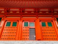 The vibrant red Konpon Daito Pagoda in the Unesco listed Danjo Garan shingon buddhism temple complex in Koyasan, Wakayama, Japan. Royalty Free Stock Photo