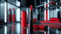 Vibrant red lipstick in sleek packaging rests on a reflective surface, surrounded by striking black and red geometric Royalty Free Stock Photo