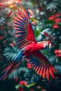 Vibrant Red Macaw Parrot In Flight Against Lush Green Tropical Background Royalty Free Stock Photo