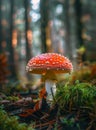 Vibrant red mushroom in a misty forest