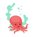 Vibrant red octopus amidst lush green algae. vector illustration