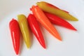 Vibrant Red and Orange Color Chili Shaped Kanom Look Choup, Thai Traditional Deletable Imitation Fruits Dessert