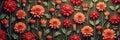 Vibrant red and orange floral pattern with green leaves on dark background Royalty Free Stock Photo