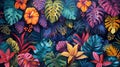 Vibrant red and orange flowers pop against lush tropical jungle foliage in an artistic rendering that captures the essence of a