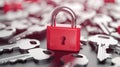 A vibrant red padlock clasping scattered silver keys signifies security and restricted access, set against a pure white backdrop Royalty Free Stock Photo