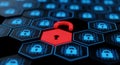 Bright red digital padlock icon securely locking hexagon network data protection and cybersecurity concept illustration Royalty Free Stock Photo