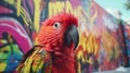 A vibrant red parrot perched in front of a captivatingly colorful wall Royalty Free Stock Photo