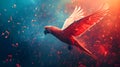 Vibrant Red Parrot Soaring Through Abstract Musical Atmosphere With Floating Melody Notes In Dynamic Motion Royalty Free Stock Photo