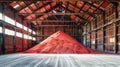 A vibrant red pile of potash fertilizer sits majestically in a rustic barn, symbolizing the mining and processing of essential