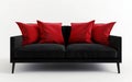 Vibrant Red Pillow on a Sleek Black Sofa Against White Background -Generative ai Royalty Free Stock Photo