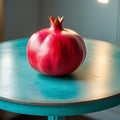 Vibrant Red Pomegranate Centered on a Teal Circular Table fruit whole Royalty Free Stock Photo