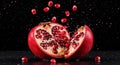 A vibrant red pomegranate is dramatically split open, revealing succulent arils while some seeds and juice splash dynamically Royalty Free Stock Photo