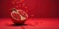 A vibrant red pomegranate, halved and showcasing its juicy arils, with ruby-red juice droplets cascading down a matching Royalty Free Stock Photo