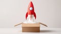 Conceptual Launch of Rocket from Box with Orange Smoke in Creative Minimalist Style.Generative AI Royalty Free Stock Photo