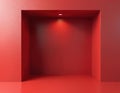 Vibrant red room features deep empty niche. Bright spotlight illuminates inner wall creating abstract light, shadow. Modern Royalty Free Stock Photo