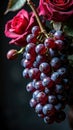 Vibrant red roses with luscious grapes in natural light close-up Royalty Free Stock Photo