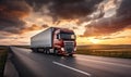 A Vibrant Red Semi Truck Speeding Along a Scenic Highway Royalty Free Stock Photo