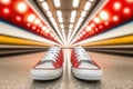 Vibrant red sneakers in dynamic subway tunnel with blurred lights Royalty Free Stock Photo