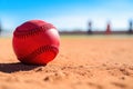 Vibrant red softball on the sandy texture of a baseball field