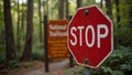 Vibrant red stop sign with reflective STOP text at forest trail entrance Royalty Free Stock Photo
