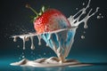 Strawberry in milk splash on blue background Royalty Free Stock Photo