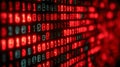 Close-up view of glowing binary code in red and teal colors representing digital data and cybersecurity concepts on a dark Royalty Free Stock Photo