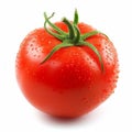 A vibrant red tomato with a fresh green stem, isolated a pure white background.