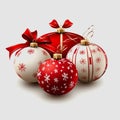 Festive Collection of Red and White Christmas Ornaments with Snowflake Designs and Ribbons, Ideal for Holiday Decor and Royalty Free Stock Photo