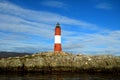 Vibrant red and white colored lighthouse against bright blue sky, Beagle channel, Ushuaia, Tierra del Fuego, Argentina