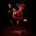 Elegant splash in red wine glass, fruit dropping in, dynamic liquid motion, dark background. perfect for dining concepts Royalty Free Stock Photo