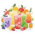 Vibrant Assortment of Refreshing Fruit Drinks and Smoothies with Fresh Fruits, Ice, and Garnishes on a White Background Royalty Free Stock Photo