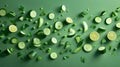 Vibrant and refreshing, this image showcases a delightful array of cucumbers, limes, and greens