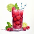 Realistic Watercolor Illustration Of A Refreshing Raspberry Lime Smoothie Cocktail