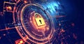A vibrant representation of digital security featuring a glowing padlock surrounded by a high-tech network, emphasizing cyber