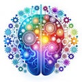 A vibrant representation of a divided brain, interconnected by gears and glowing circuits, symbolizing cognitive function and Royalty Free Stock Photo