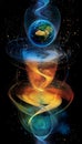 A vibrant representation of earth distorting space time with abstract shapes and gravitational waves