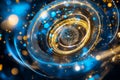 A vibrant representation of quantum computing elements in motion, featuring glowing particles and swirling light Royalty Free Stock Photo