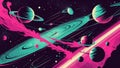 Vibrant retro-futuristic space vector art featuring a stylized galaxy with hexagonal planets of varying sizes, rotating orbits. Royalty Free Stock Photo