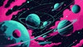 Vibrant retro-futuristic space vector art featuring a stylized galaxy with hexagonal planets of varying sizes, rotating orbits. Royalty Free Stock Photo