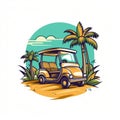 Vibrant Retro Golf Cart Vector Logo With Palm Trees