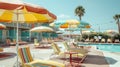 Vibrant Retro Hotel Poolside with Colorful Umbrellas and Loungers