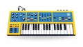 Colorful synthesizer keyboard with knobs, sliders, and buttons for music production Royalty Free Stock Photo